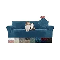 ystellaa housse de canapé en velours 4 places, universelle sofa cover avec accoudoirs, protection canapé chat chiens griffures, housse pour canapé extensible housse de canape, bleu paon