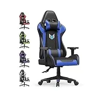 bigzzia chaise gaming chaise bureau, 155 degrés pu cuir fauteuil de bureau ergonomique avec coussin lombaire&appui-tête&accoudoir fixe (bleu)