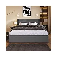 lit double rembourré avec coffre de rengement hydraulique 140x200cm, sommier à lattes en bois et métal, lin, gris