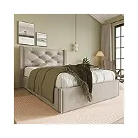 lit simple rembourré avec coffre hydraulique de rangement 90x200cm, sommier à lattes moderne, coton, gris clair