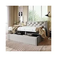 lit double rembourré avec coffre de rangement hydraulique 140x200cm,sommier moderne à lattes en bois et métal, en coton, gris clair