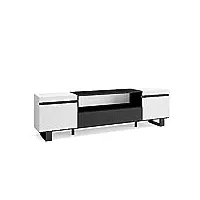 skraut home | meuble tv | banc télé | grand espace de rangement | 200x57x35cm | pour les tv jusqu'à 80" | design industriel | style moderne | blanc et noir