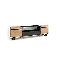 skraut home | meuble tv | banc télé | grand espace de rangement | 200x57x35cm | pour les tv jusqu'à 80" | design industriel | style moderne | chêne et noir