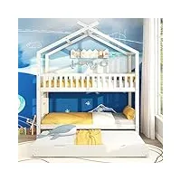 daesar lit superposé enfant 3 places en bois, lit cabane enfants 90x200 avec barrière, trois lits, extensible, design peu encombrant, blanc (sans matelas)