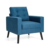 costway fauteuil de salon 1 personne, style scandinave, canapé 1 place avec pieds bois d’hévéa, 2 poches latérales, pour chambre, salon, bureau (bleu canard)