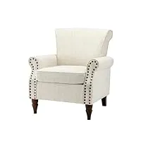 hulala hom chaise d'appoint moderne avec pieds en bois et garniture cloutée petit fauteuil club en tissu fauteuil rembourré confortable pour chambre à coucher salon canapé simple blanc