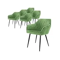 ml-design lot 6x chaises de salle à manger - vert sauge - style moderne - dossier/accoudoirs rembourrée aspect velours - pieds en métal noir - chaise ergonomique - fauteuil moderne de salon/chambre