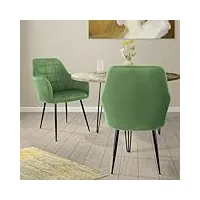 ecd germany set de 2x chaises de salle à manger vert clair (sauge), style moderne/retro, dossier et accoudoirs rembourrée aspect velours, pieds en métal noir, chaise ergonomique, fauteuil pour salon