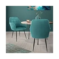 ecd germany set 2x chaises de salle à manger turquoise, style moderne/retro, dossier et accoudoirs rembourrée aspect velours, pieds en métal noir, chaise ergonomique, fauteuil de salon/chambre/cuisine