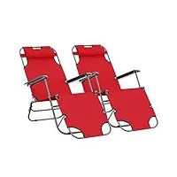 outsunny lot de 2 chaises longue pliable bain de soleil fauteuil relax jardin transat de relaxation dossier inclinable avec repose-pied polyester oxford rouge