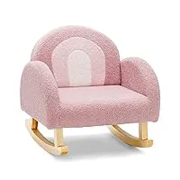 costway fauteuil à bascule enfant en peluche avec dossier & accoudoirs confortable, chaise à bascule en bois avec joli motif arc-en-ciel, charge 50kg pour garçon fille de 3-5 ans