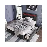 sweiko lit 90x200cm,rembourré cadre de lit avec éclairage led sommier et rangement lit à lattes, coffre de li et 2 tiroirs, lit double rembourré, tête de lit réglable en hauteur, sommier en bois,gris