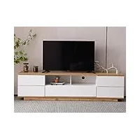 hainew meuble tv bas moderne avec portes et étagère, surface brillante de blocage des couleurs, meuble tv, support tv avec grain de bois, bois et blanc, 180 x 38 x 46 cm