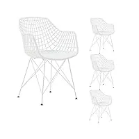 idimex lot de 4 chaises de salle à manger ou cuisine alicante au design retro avec accoudoirs, en plastique blanc et 4 pieds en métal laqué blanc