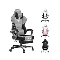 popsit chaise de bureau ergonomique avec appuie-tête et soutien lombaire, grande chaise de jeu vidéo en cuir synthétique, réglable en hauteur, pivotante et repose-pieds pour adulte (gris)