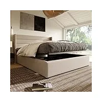 lit capitonné, 140 x 200 cm, hydraulique, avec sommier à lattes hydraulique, unique, avec espace de rangement, lit fonctionnel, cadre de lit avec cadre en métal (sans matelas), beige