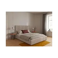 vente-unique - lit coffre 140 x 190 cm avec tête de lit coutures verticales - tissu - beige + matelas - sarah