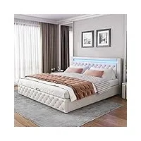 azkoeesy lit double rembourré, 180 x 200 cm, avec coffre de lit, éclairage led, hydraulique, avec espace de rangement, sommier à lattes, revêtement en cuir synthétique, blanc
