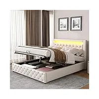 azkoeesy lit capitonné avec espace de rangement, coffre de lit, avec éclairage led, lit double hydraulique, lit pour adolescent, cadre de lit rembourré, cuir synthétique (140 x 200 cm, blanc)