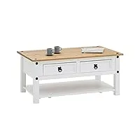 idimex table basse campo table d'appoint rectangulaire en pin massif blanc et brun avec 2 tiroirs, en bois dim 100 x 45 x 60 cm