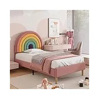 okwish lit rembourré enfant 90 x 200 cm, lit simple avec sommier à lattes et tête de lit arc-en-ciel réglable en hauteur, rose