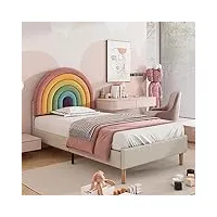 okwish lit rembourré 90 x 200 cm, lit d'enfant, lit simple avec sommier à lattes et tête de lit arc-en-ciel réglable en hauteur, lits pour adultes et adolescents, beige