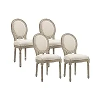 homcom lot de 4 chaises de salle à manger - chaise de salon médaillon style louis xvi - bois massif sculpté, patiné - aspect lin beige