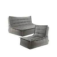 icon kota canapé pouf et pouf fauteuil en velours, gris, lot de 2, pouf poire salon, pouf geant xxl pour adultes