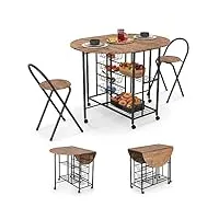 relax4life ensemble de table à manger 3 pièces pliable, table de bar sur roulettes, table de cuisine avec 2 tabourets pliants, 2 étagères et 4 paniers extensibles, table pliante avec 2 chaises