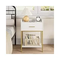 heyzoey table de chevet moderne à 3 niveaux avec tiroir de rangement et étagère, petite table d'appoint avec pieds dorés pour chambre à coucher, salon, blanc