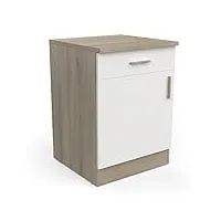 meuble de cuisine bas modulable avec plan de travail 1 tiroir 1 porte - cuisine complete ‟origan” – coloris chêne clair & blanc mat - 60 x 60 x 85 cm