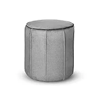 pouf rond 42x45,5 cm - en tissu velours de gris, avec coutures verticales décoratives - repose-pieds pour fauteuil, tabouret bas pour salon, entrée, chambre, tabouret bureau