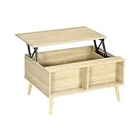 homcom table basse rectangulaire avec plateau relevable 2 niches et coffre en bois aspect bois clair