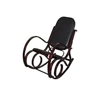 décoshop26 fauteuil à bascule rocking chair en bois foncé assise en cuir noir fab04010