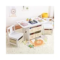 yorbay table enfant avec 2 chaises, table chaise enfant avec espace de rangement, table de peinture pour chambre d'enfant, salle de jeux, maternelle, meubles pour enfants, blanc