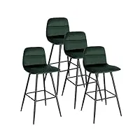 eugad tabouret de bar, lot de 4, chaise de bar, chaise haute bar, tabouret cuisine, surface en velours, assise rembourrée, pieds en métal, avec repose-pieds, vert foncé,1054by-4