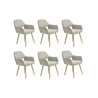 meuble cosy lot de 6 chaises de salle à manger fauteuil assise rembourrée en tissu pieds en métal imitation bois pour cuisine salon chambre bureau, beige, acier allié, 56x56x78cm