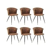meuble cosy lot de 6 chaises de salle à manger vintage fauteuil assise et dossier rembourrée en suédine pieds en métal cuisine salon chambre bureau, style industriel, marron, noir et or, 55x58x75,5cm