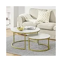 [en.casa] set de 2 tables basses rondes gigognes table de salon panneaux de particules métal tailles différentes effet marbre blanc doré