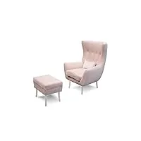 robin inspire luis fauteuil à oreilles 82 x 90 x 112 cm pour salon pouf 82 x 36 x 50 cm meubles avec coussin tabouret rembourré sans espace de rangement repose-pieds rose clair jambe blanc