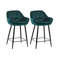 clp lot de 2 tabourets de bar gibson velours i hauteur d'assise 76 cm i chaises de bar avec repose-pieds, couleur:vert foncé