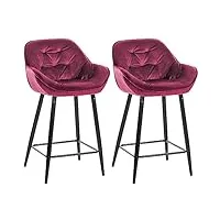 clp lot de 2 tabourets de bar gibson velours i hauteur d'assise 76 cm i chaises de bar avec repose-pieds, couleur:violet