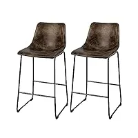 costway tabourets de bar lot de 2, chaise de bar industrielle avec repose-pieds, chaise haute bar vintage en en faux suède, hauteur assise 75cm, marron rustique