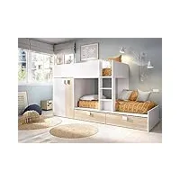 dmora - lit pour enfants breithorn, chambre complète avec armoire et tiroirs, composition de lits superposés avec deux lits simples, 275x108h150 cm, blanc et chêne