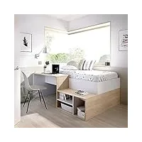 dmora - lit enfant cervino, lit simple pour chambre, ensemble avec bureau et étagères, 195x134h73 cm, blanc et chêne