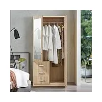 [en.casa] armoire de chambre penderie moderne garde-robe avec 3 tiroirs et miroir intégré meuble de rangement mdf 176 x 80 x 52 cm effet chêne sonoma