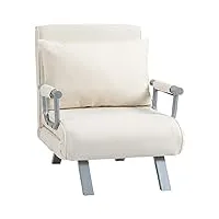 homcom fauteuil chauffeuse canapé-lit convertible 1 place déhoussable grand confort coussin pieds accoudoirs métal suède blanc