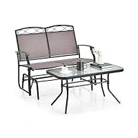giantex banc de jardin à bascule 2 places avec table basse, balancelle, banc en métal et textilène - ensemble de meubles de balcon - ensemble de meubles de jardin
