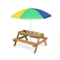 goplus table enfant avec banc et parasol, 3 en 1 table convertible avec plateau amovible et 2 boîtes de rangement, table d’activité en bois pour extérieur, jardin (coloré)