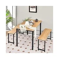 costway table à manger avec 2 bancs - 110 x 70 cm - table de cuisine pour 4 personnes - avec cadre en métal inoxydable - pour cuisine, salon, salle à manger - naturel